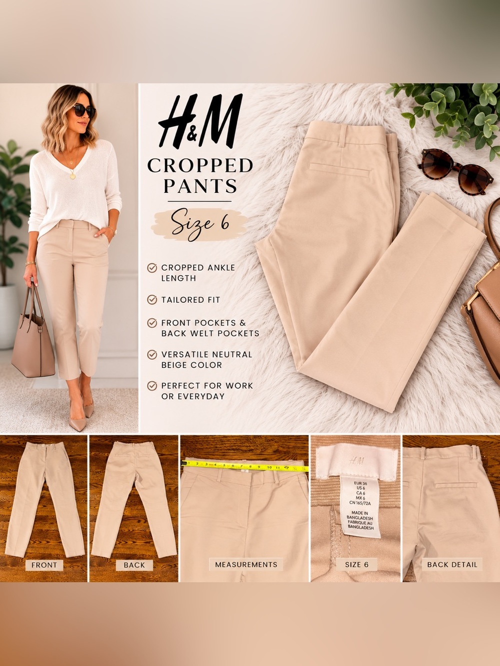 H&M Beige Straight Leg Cropped Ankle Trousers Women’s Pants Size 6